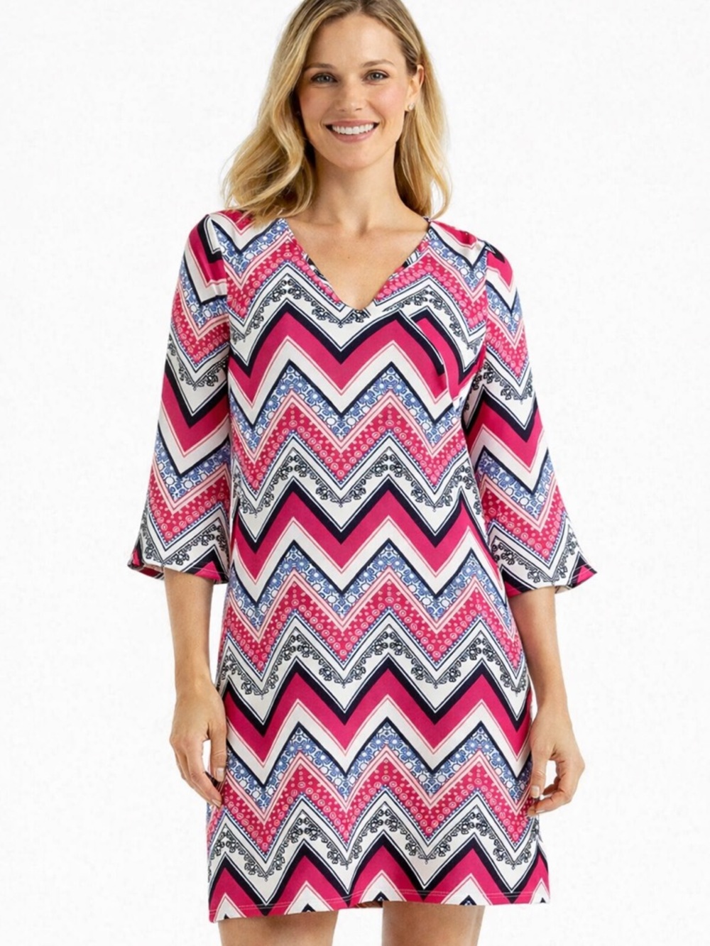 Jude Connally Bree Jude Cloth Bell Sleeve Shift Dress Pink Chevron V Neck